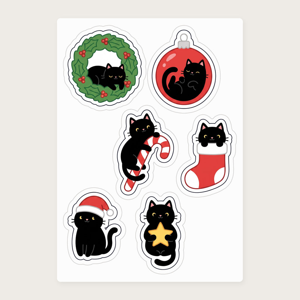 Black Cat Christmas Ornaments Sticker Sheet, actual sheet layout