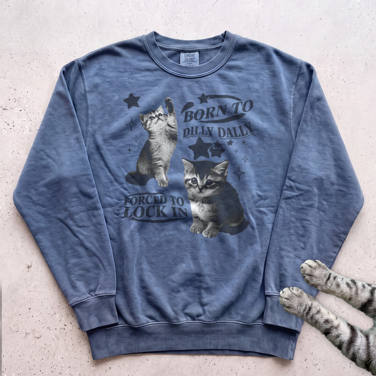 Born to Dilly Dally, Forced to Lock In Cat Sweatshirt - Blue Jean