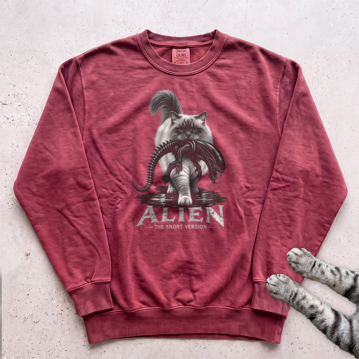 Cat Alien Sweatshirt – Funny Alien Movie Parody Sweatshirt - Crimson