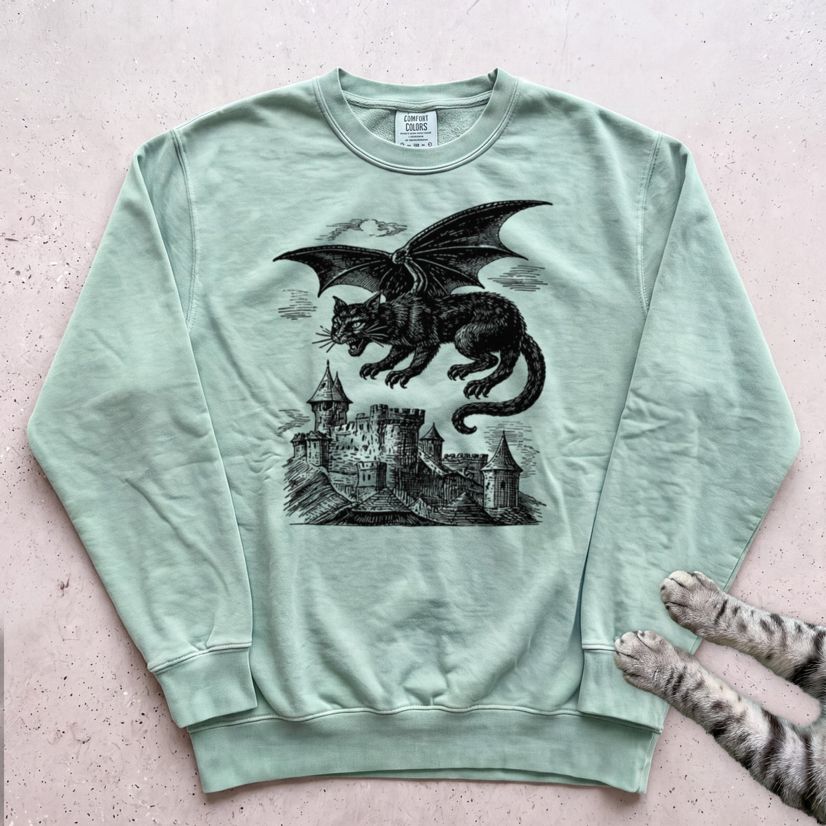 Cat Dragon Castle Sweatshirt - Light Green