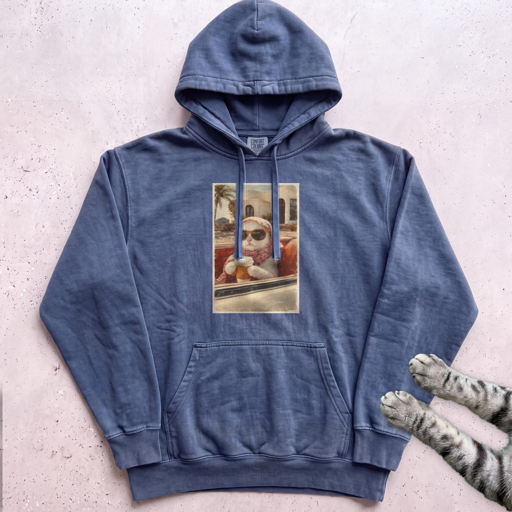 Cat Drinking Coffee Vintage Hoodie - Denim