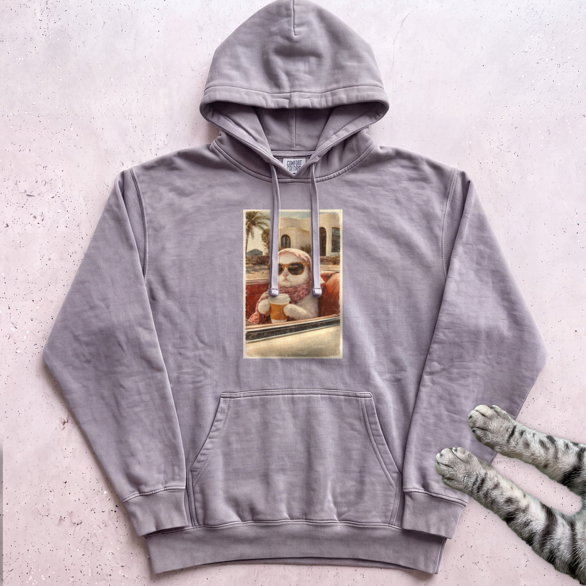 Cat Drinking Coffee Vintage Hoodie - Grey