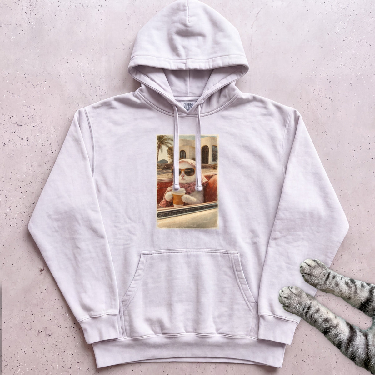 Cat Drinking Coffee Vintage Hoodie - White