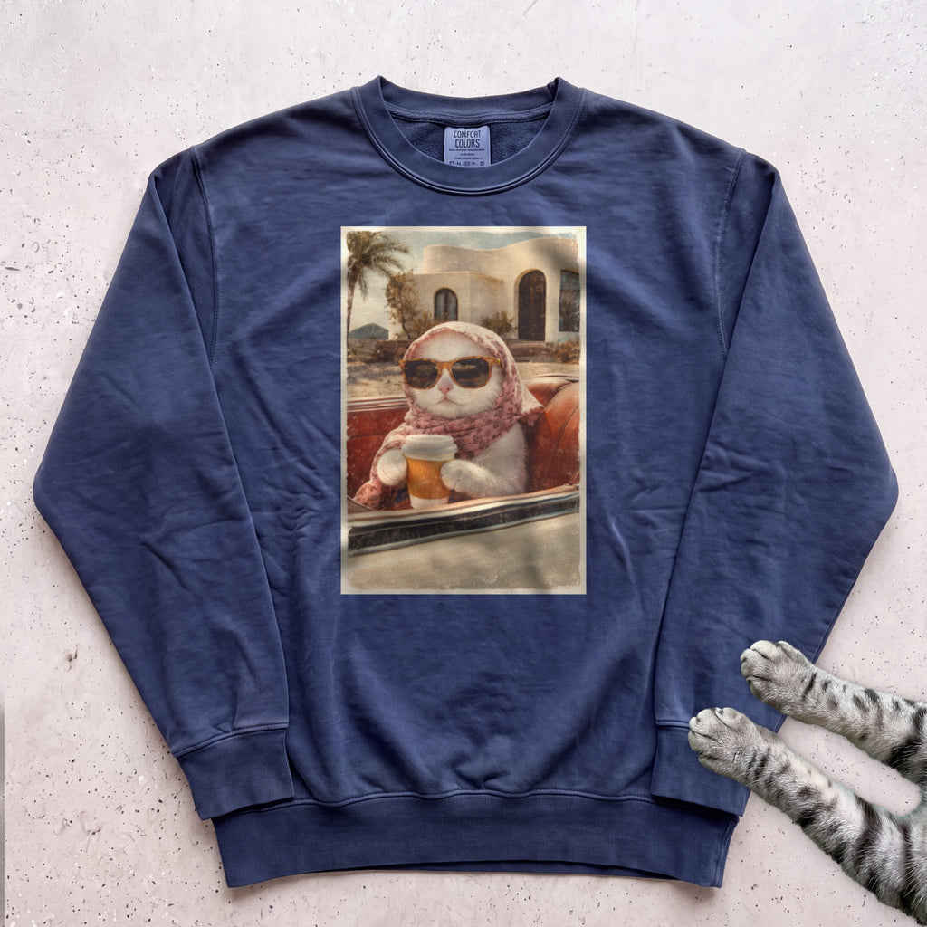 Cat Drinking Coffee Vintage Sweatshirt - True Navy