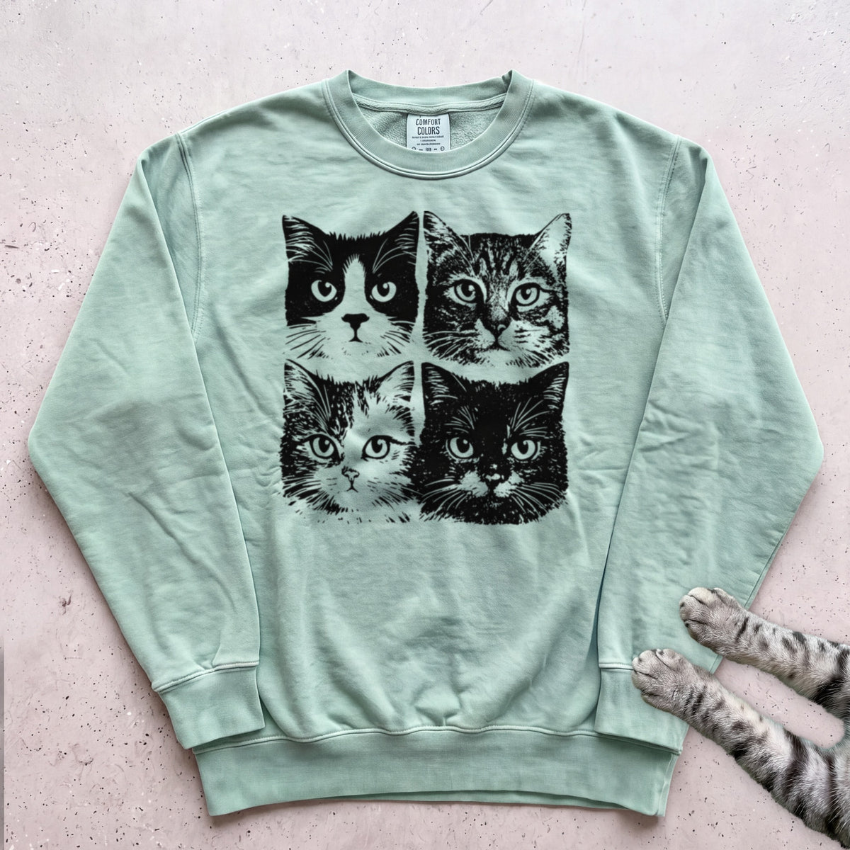 Cat Faces Sweatshirt - Light Green