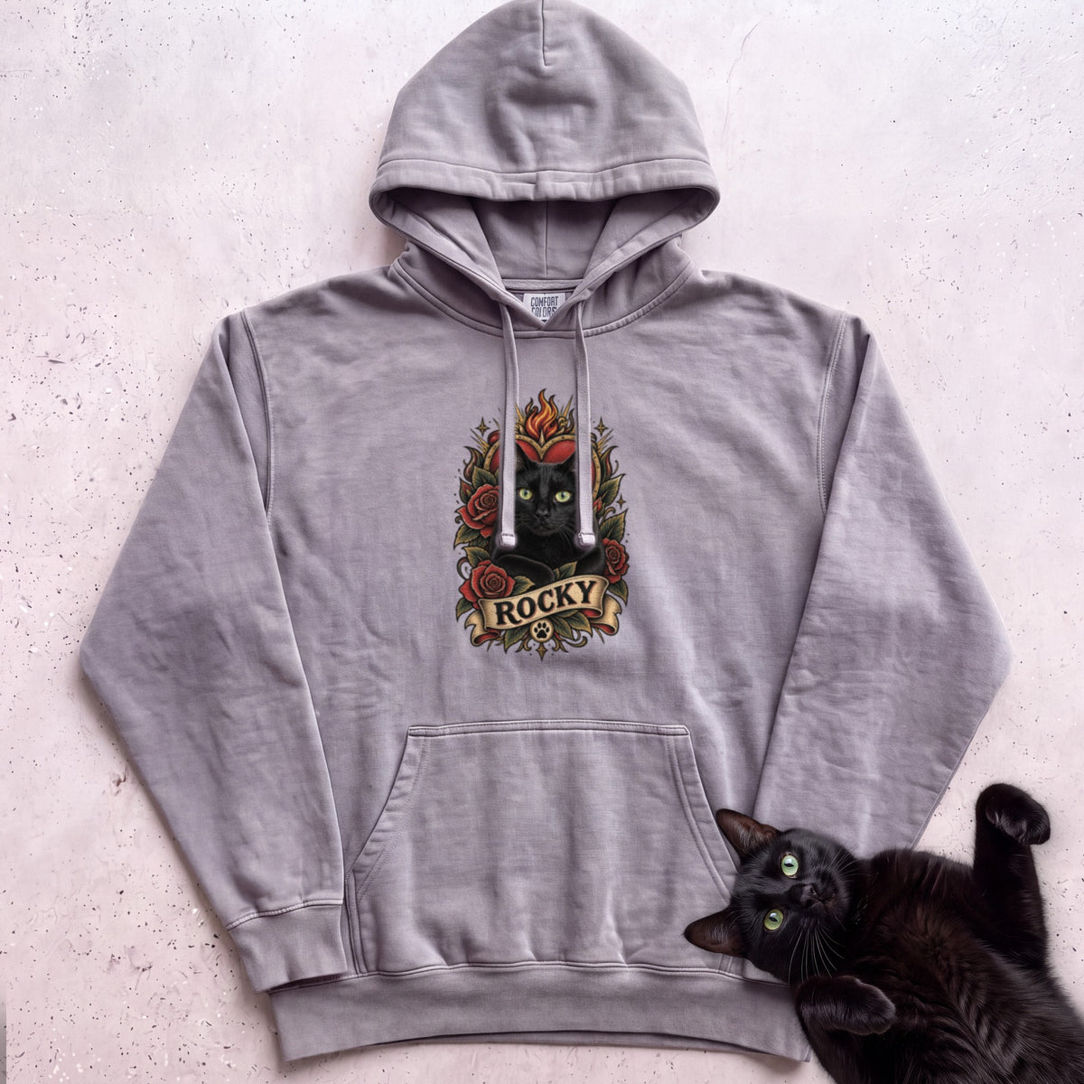 Cat Heart Tattoo Hoodie — Personalized Custom Cat Graphic Hoodie - Grey