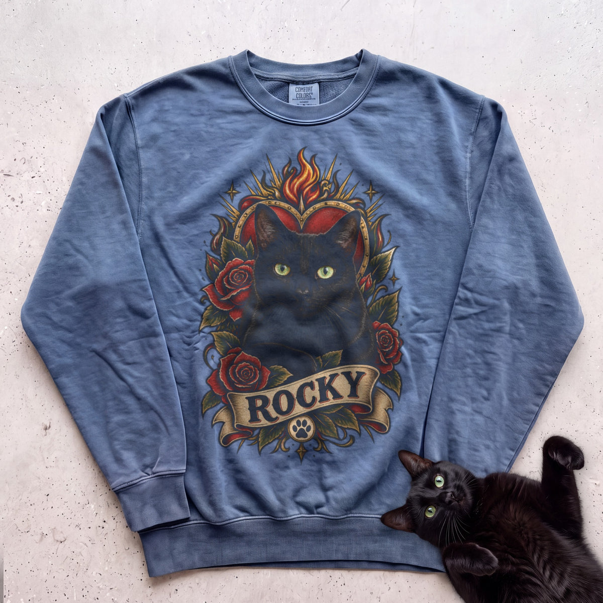Cat Heart Tattoo Sweatshirt — Personalized Custom Cat Graphic Sweatshirt - Blue Jean