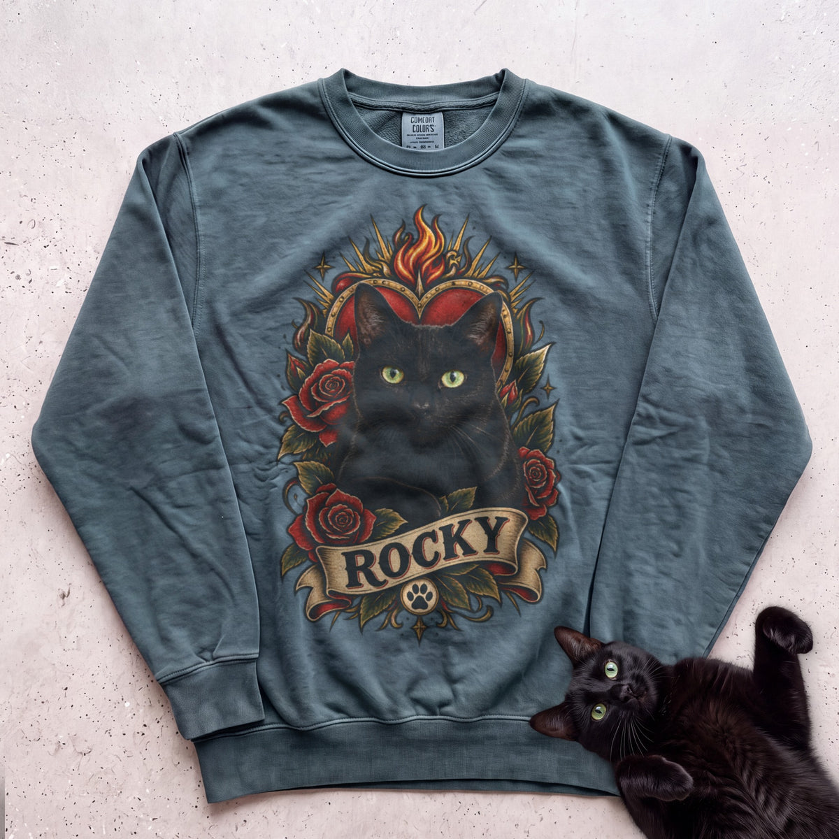Cat Heart Tattoo Sweatshirt — Personalized Custom Cat Graphic Sweatshirt - Blue Spruce