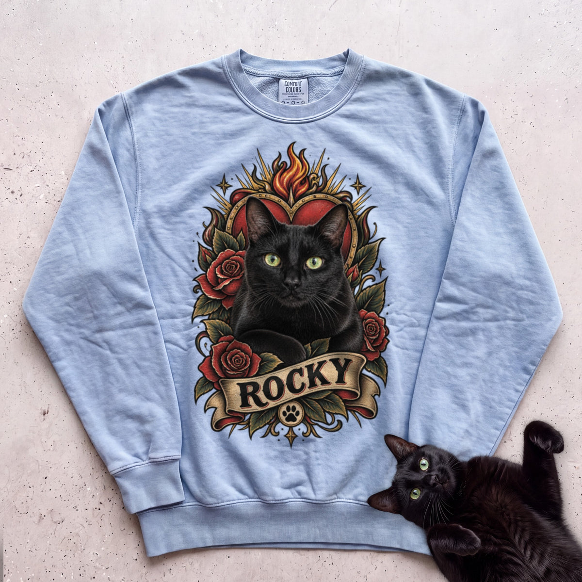 Cat Heart Tattoo Sweatshirt — Personalized Custom Cat Graphic Sweatshirt - Chambray