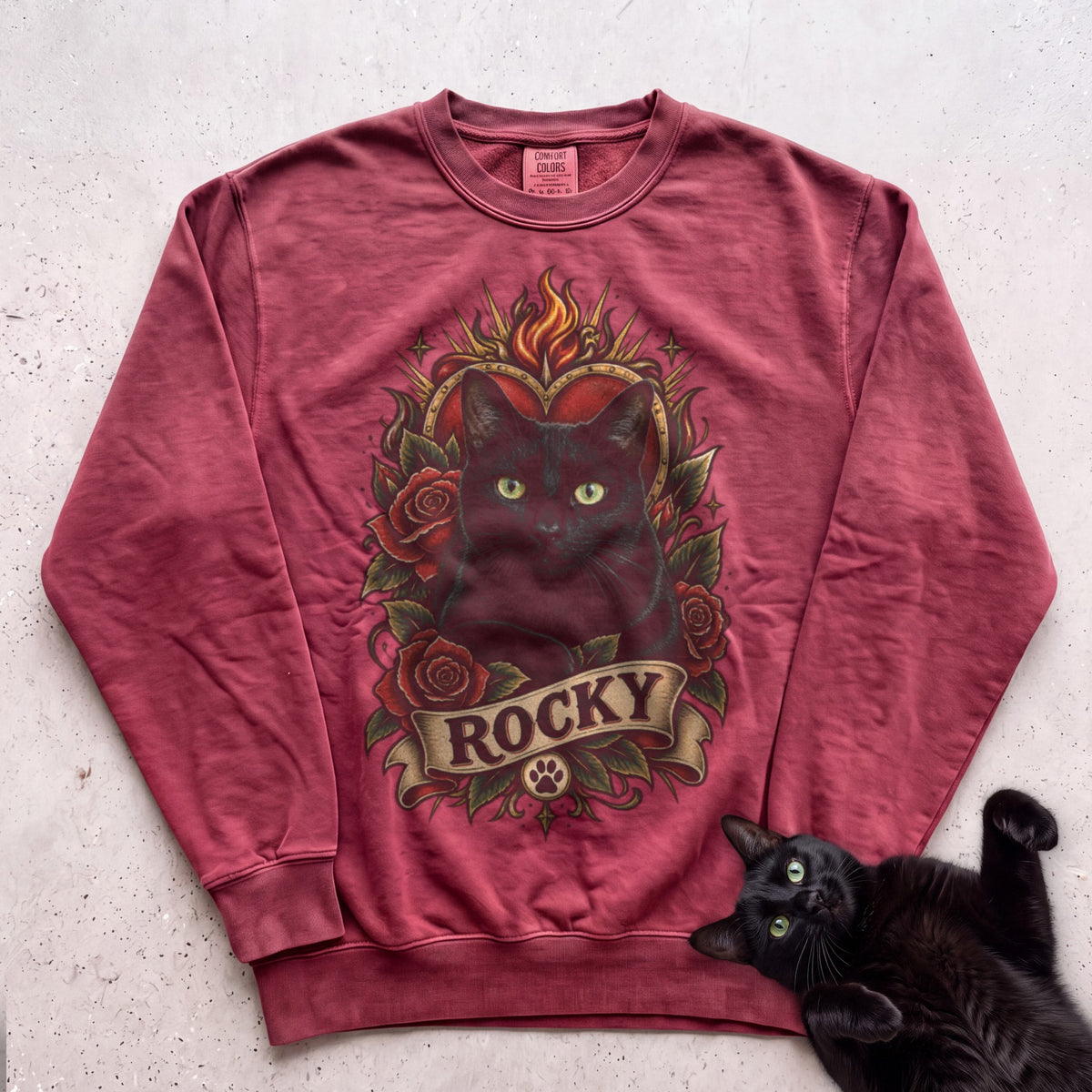 Cat Heart Tattoo Sweatshirt — Personalized Custom Cat Graphic Sweatshirt - Crimson