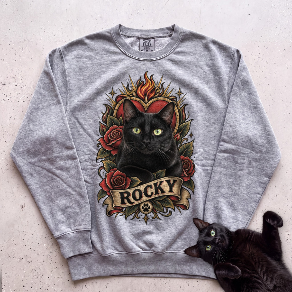 Cat Heart Tattoo Sweatshirt — Personalized Custom Cat Graphic Sweatshirt - Grey
