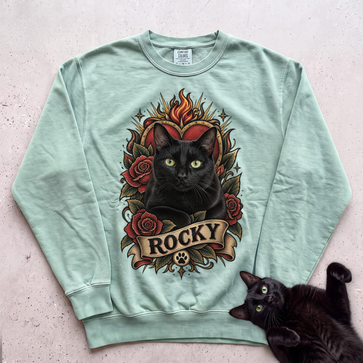 Cat Heart Tattoo Sweatshirt — Personalized Custom Cat Graphic Sweatshirt - Light Green