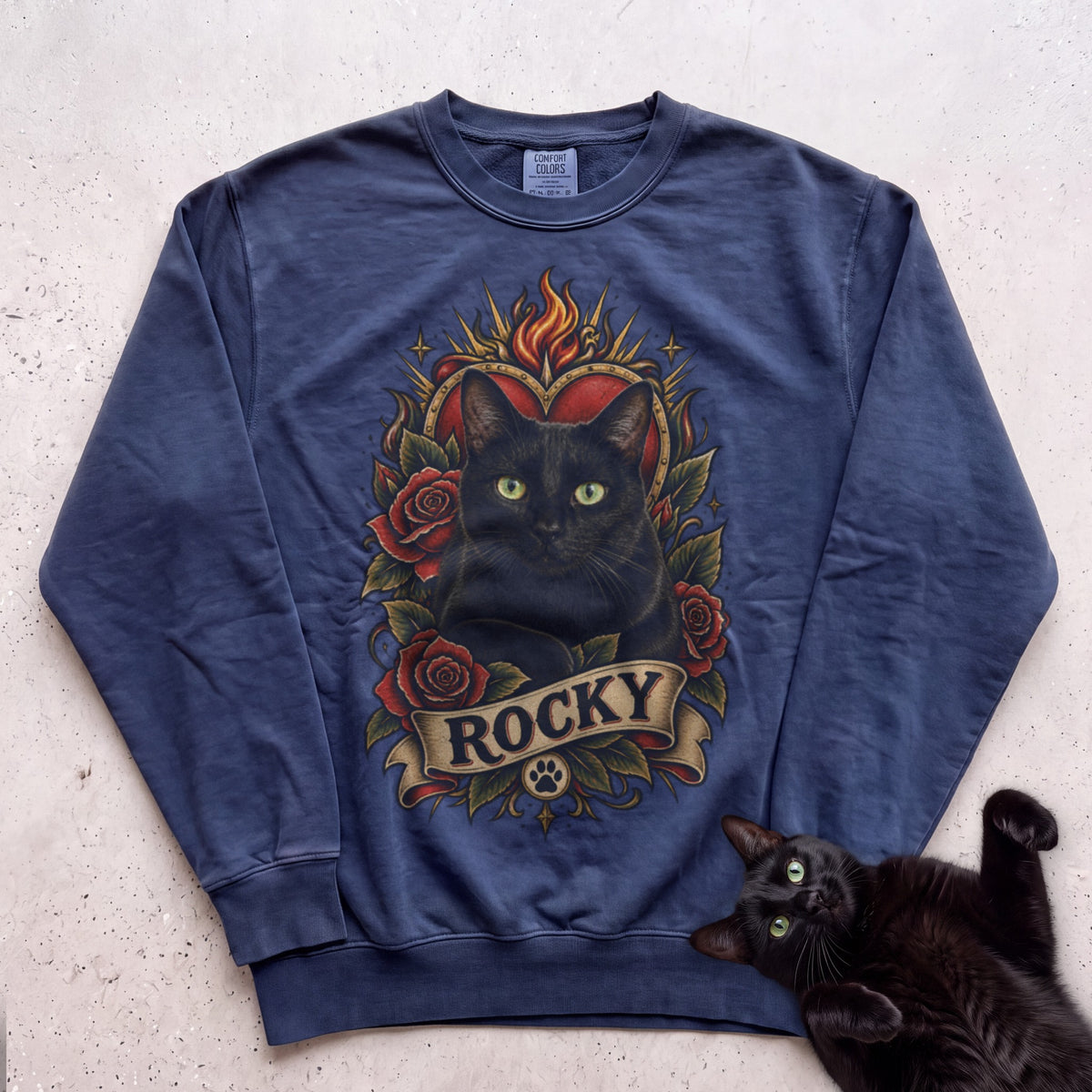 Cat Heart Tattoo Sweatshirt — Personalized Custom Cat Graphic Sweatshirt - True Navy