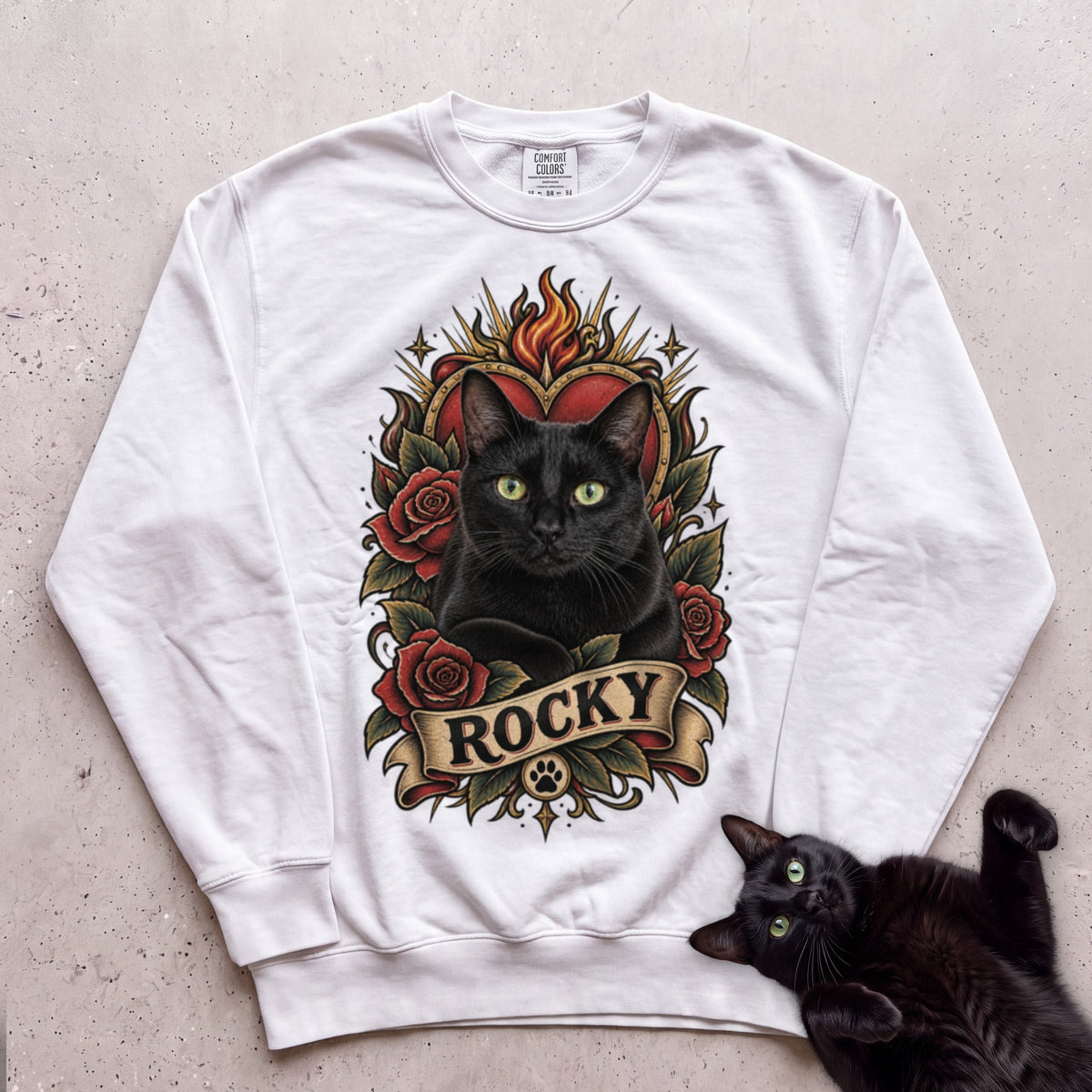 Cat Heart Tattoo Sweatshirt — Personalized Custom Cat Graphic Sweatshirt - White