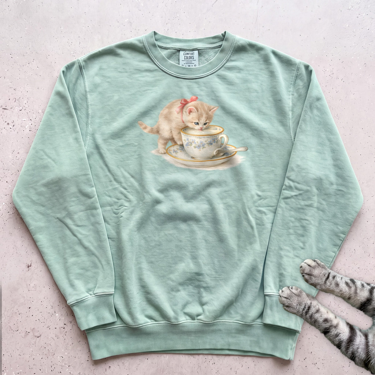 Cat in Teacup Sweatshirt - Light Green