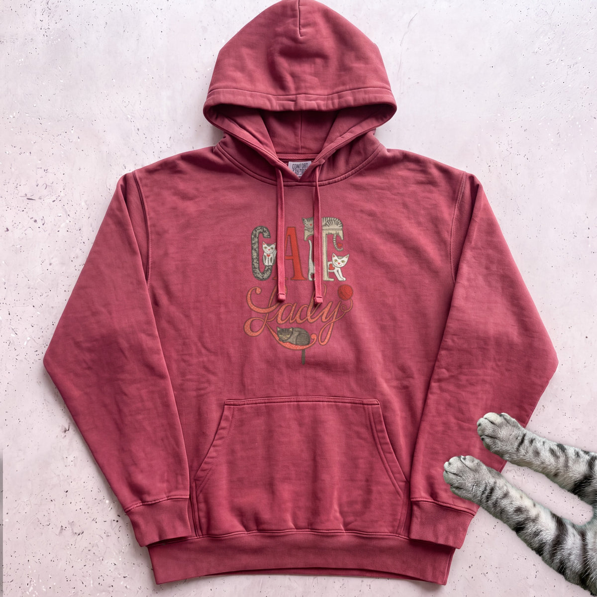 Cat Lady Hoodie — Cute Retro Cat Illustration Hoodie - Crimson