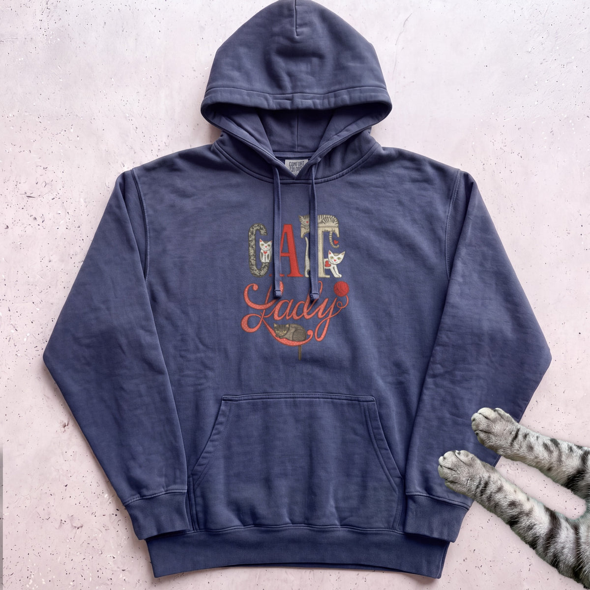 Cat Lady Hoodie — Cute Retro Cat Illustration Hoodie - True Navy