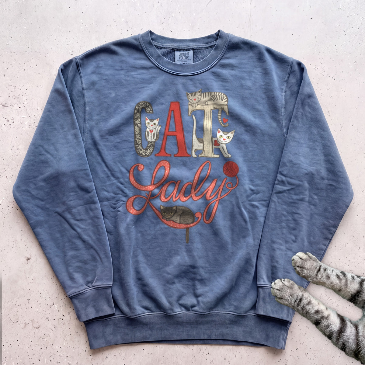 Cat Lady Sweatshirt — Cute Retro Cat Illustration Sweatshirt - Blue Jean