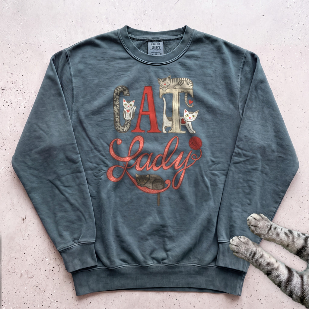 Cat Lady Sweatshirt — Cute Retro Cat Illustration Sweatshirt - Blue Spruce