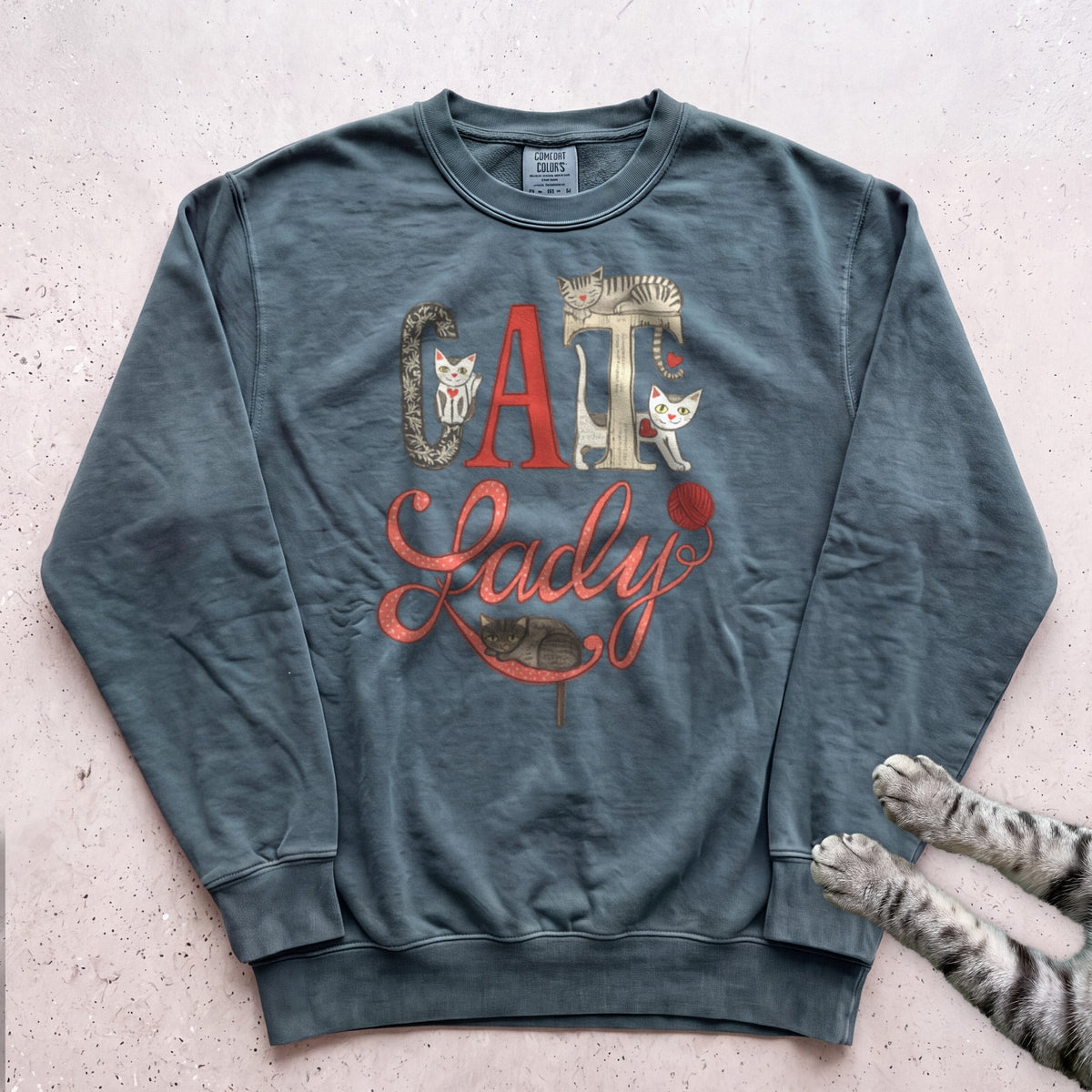 Cat Lady Sweatshirt — Cute Retro Cat Illustration Sweatshirt - Blue Spruce