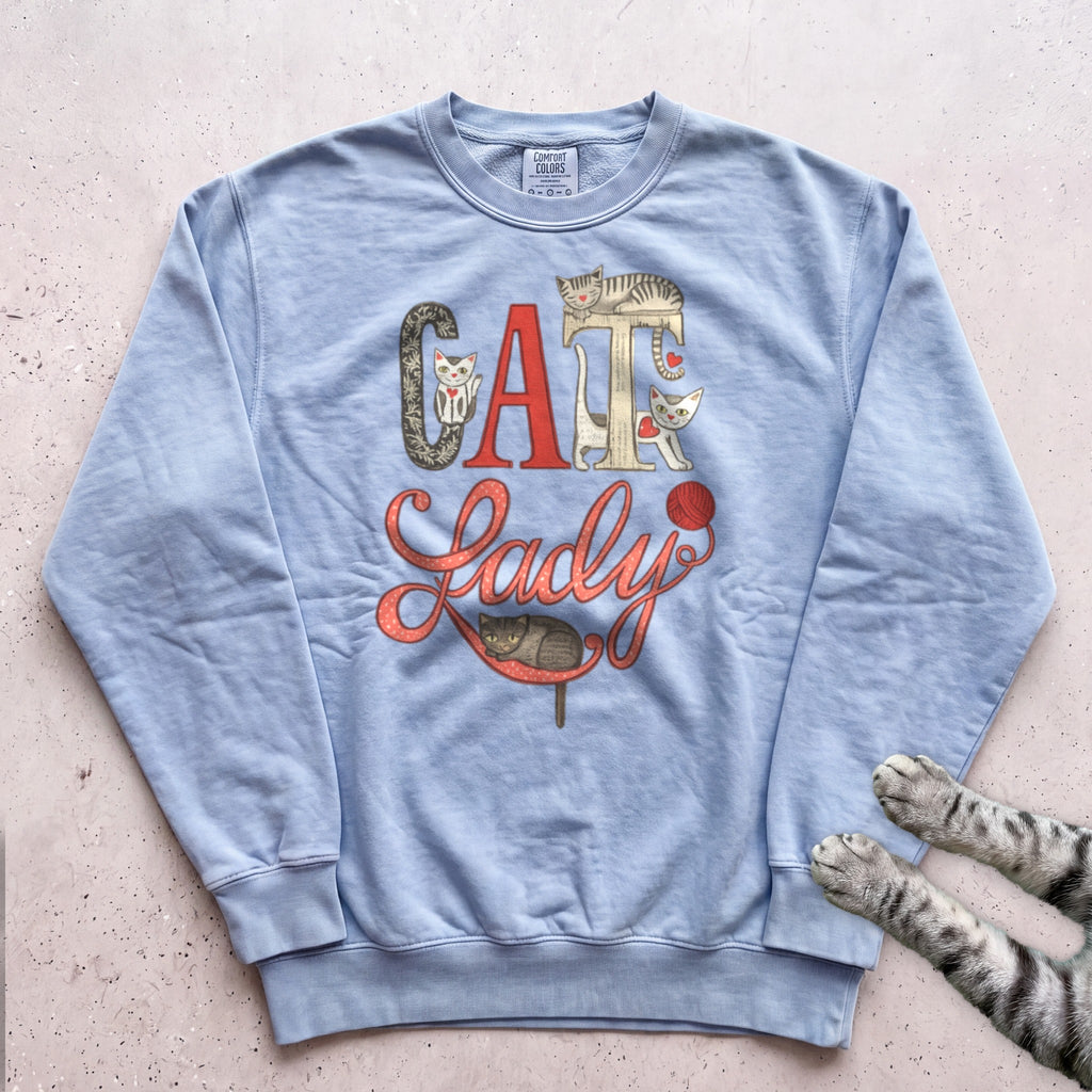 Cat Lady Sweatshirt — Cute Retro Cat Illustration Sweatshirt - Chambray