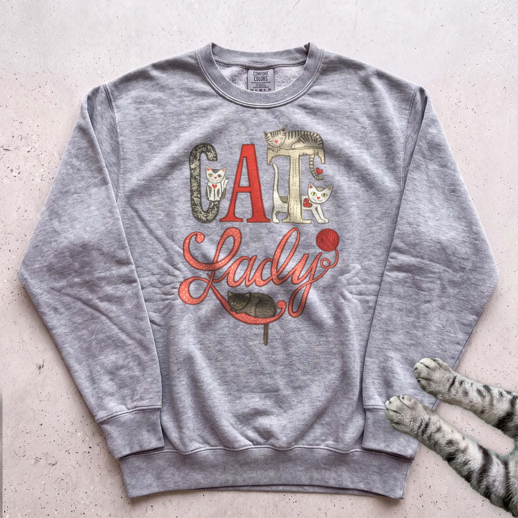 Cat Lady Sweatshirt — Cute Retro Cat Illustration Sweatshirt - Grey
