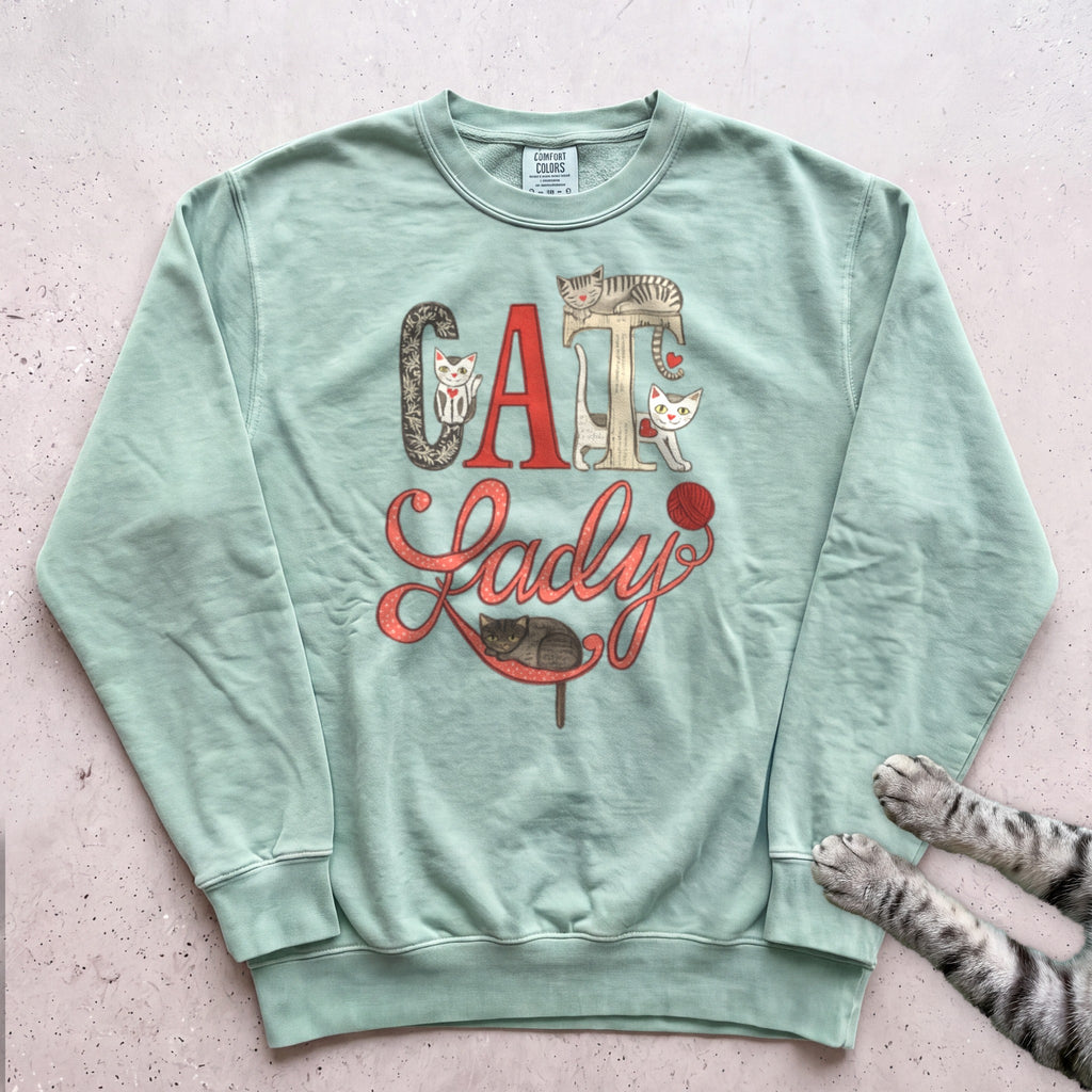 Cat Lady Sweatshirt — Cute Retro Cat Illustration Sweatshirt - Light Green