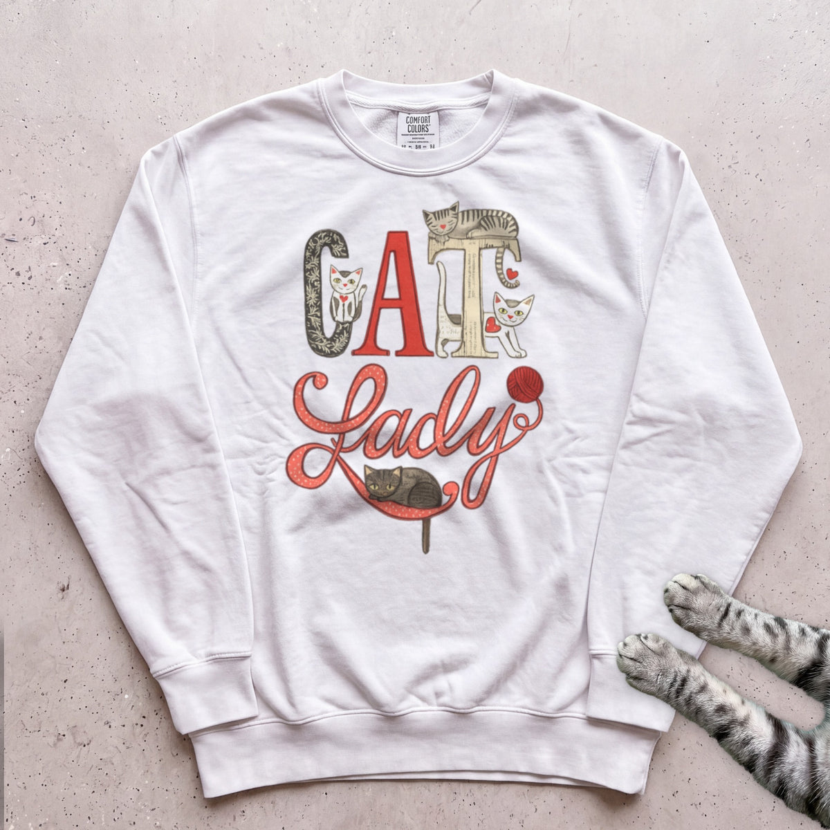 Cat Lady Sweatshirt — Cute Retro Cat Illustration Sweatshirt - White