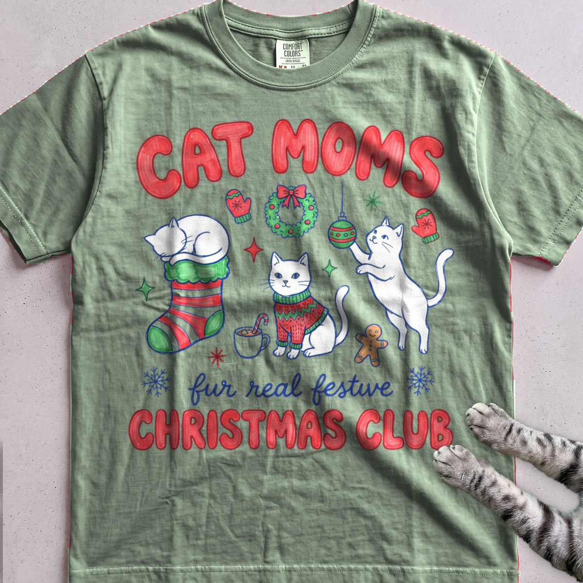 Cat Moms Christmas Club T-Shirt - Light Green