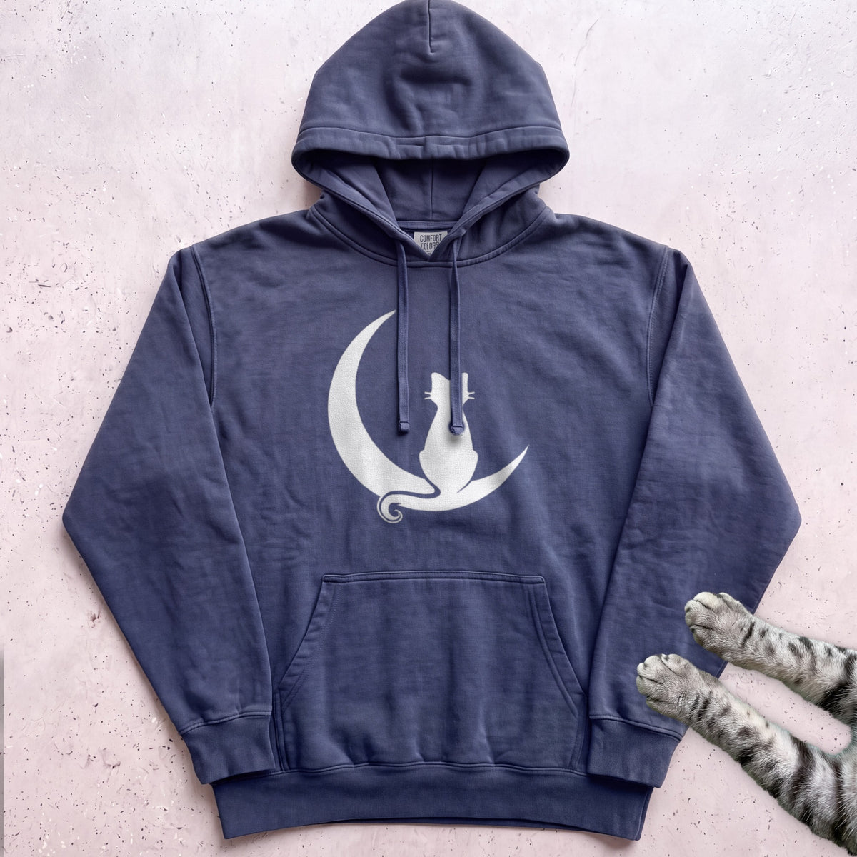 Cat on Crescent Moon Hoodie - True Navy