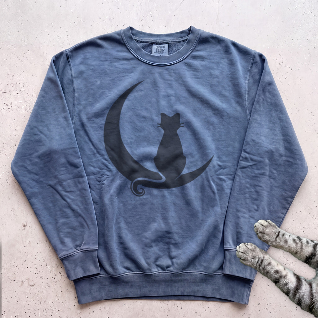 Cat on Crescent Moon Sweatshirt - Blue Jean
