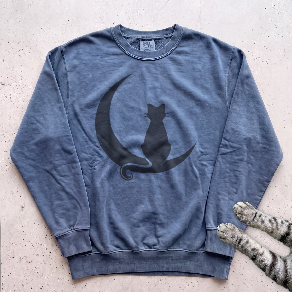 Cat on Crescent Moon Sweatshirt - Blue Jean