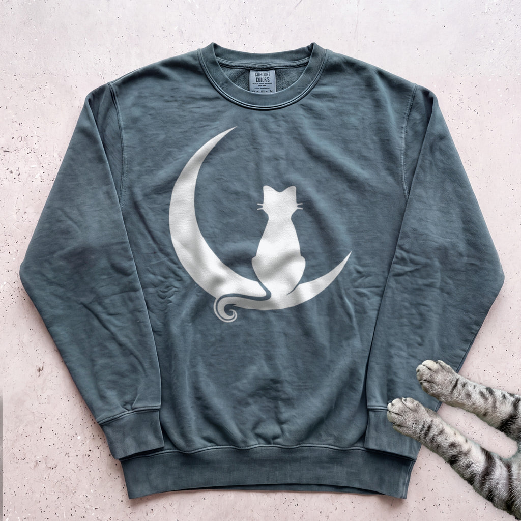 Cat on Crescent Moon Sweatshirt - Blue Spruce