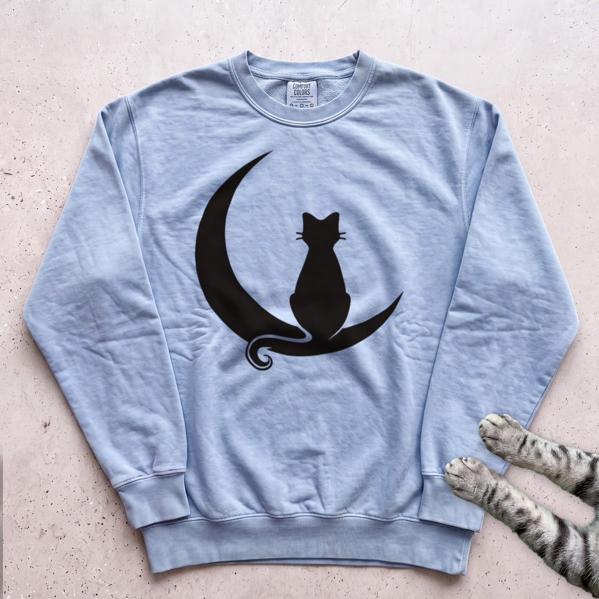 Cat on Crescent Moon Sweatshirt - Chambray