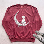 Cat on Crescent Moon Sweatshirt - Crimson