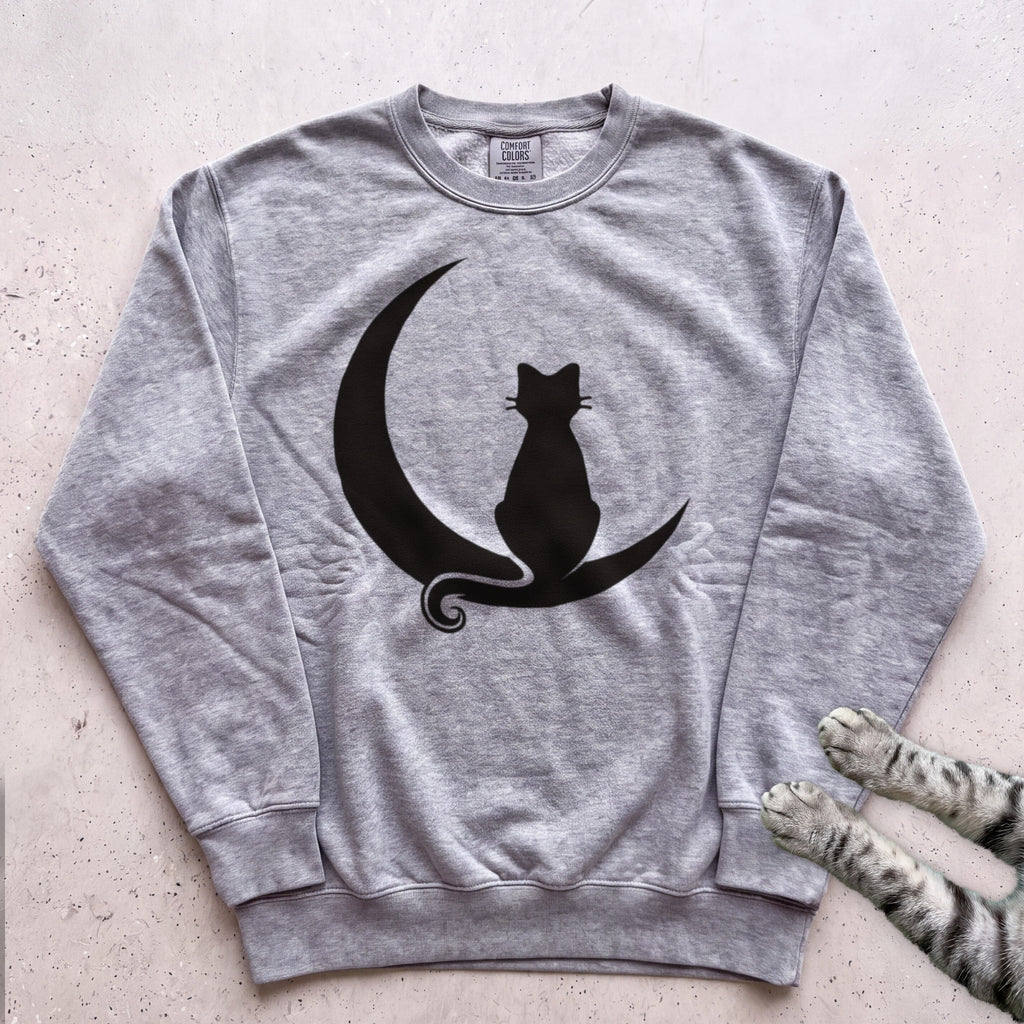 Cat on Crescent Moon Sweatshirt - Grey