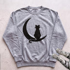Cat on Crescent Moon Sweatshirt - Grey