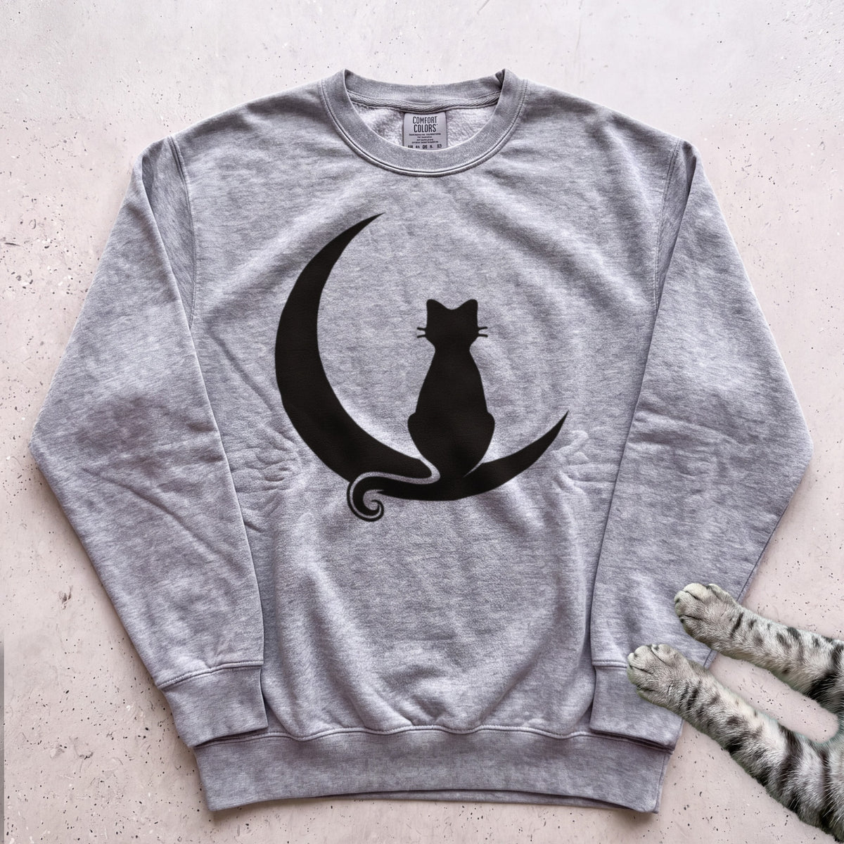 Cat on Crescent Moon Sweatshirt - Grey