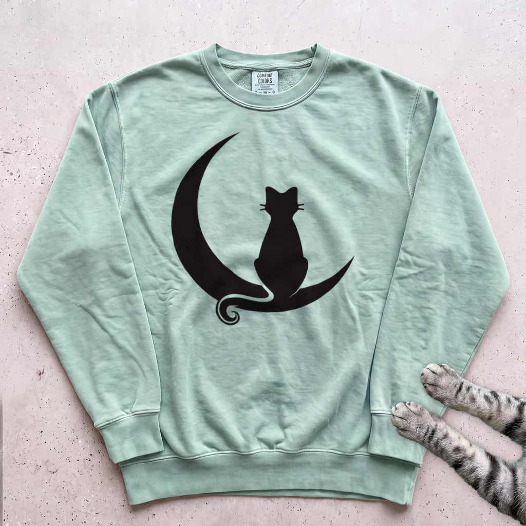 Cat on Crescent Moon Sweatshirt - Light Green