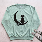 Cat on Crescent Moon Sweatshirt - Light Green