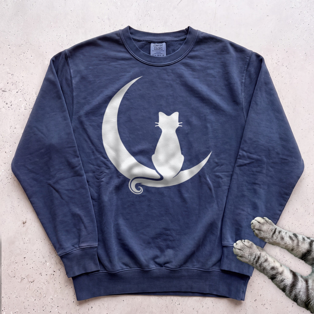 Cat on Crescent Moon Sweatshirt - True Navy
