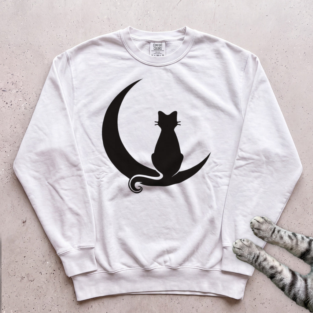 Cat on Crescent Moon Sweatshirt - White