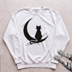 Cat on Crescent Moon Sweatshirt - White