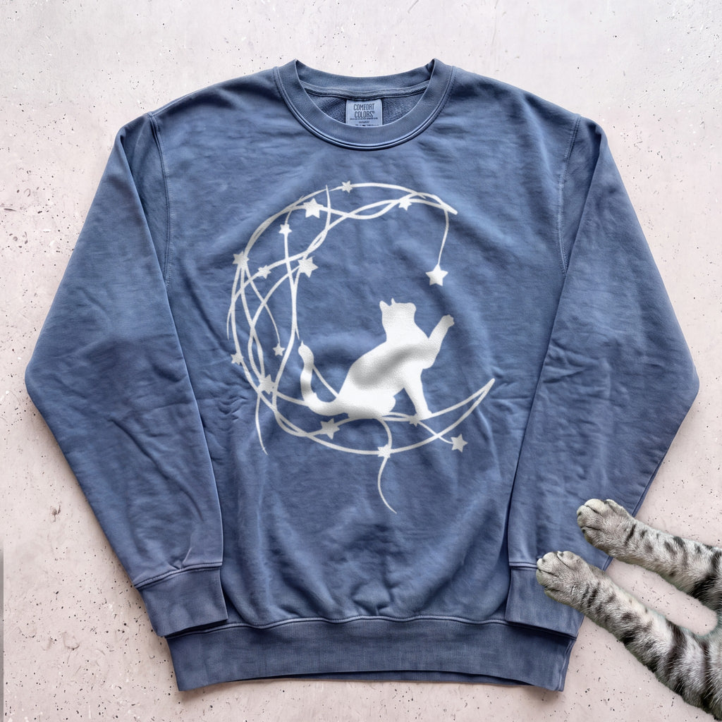 Starry Line Art Moon Cat Sweatshirt - Blue Jean