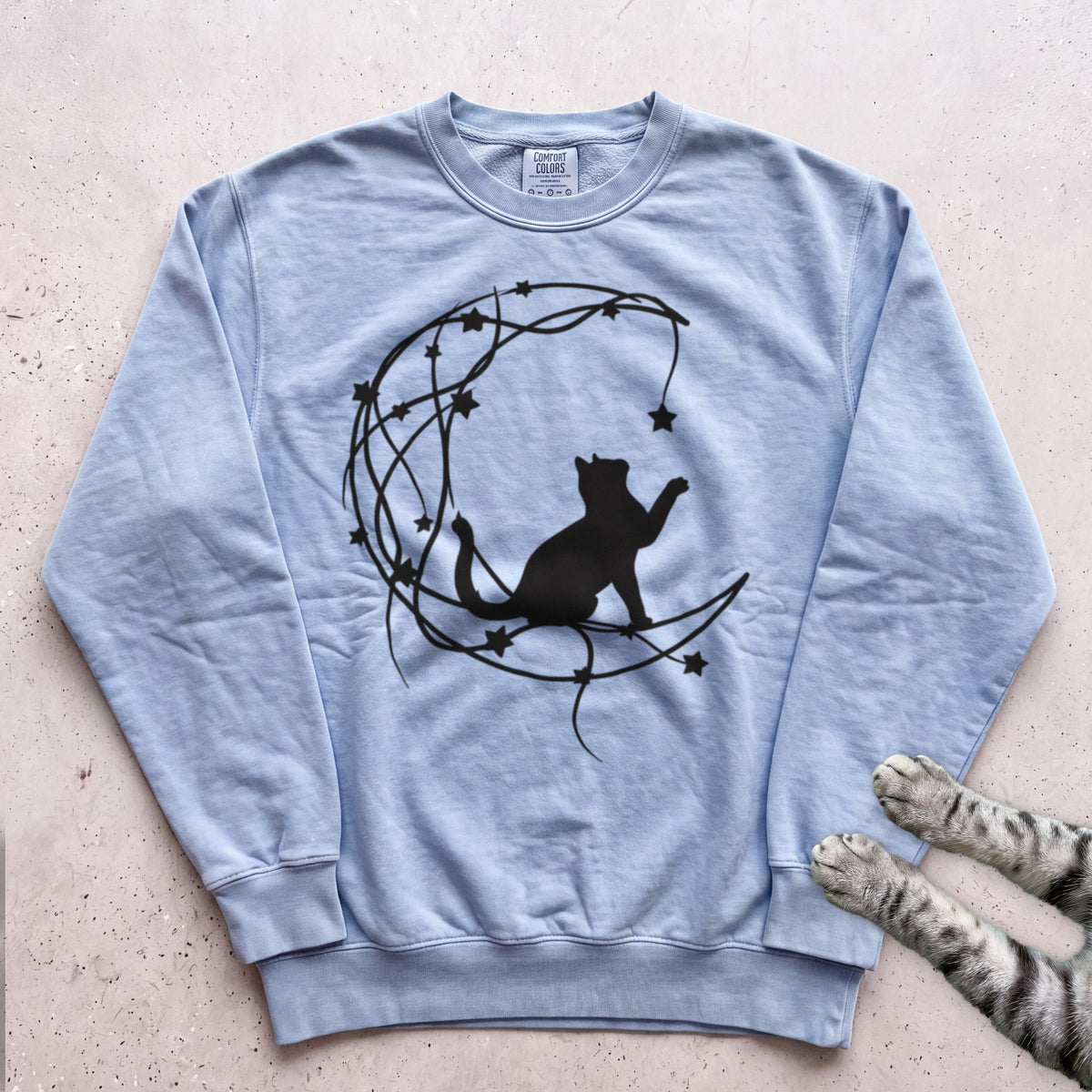 Starry Line Art Moon Cat Sweatshirt - Chambray
