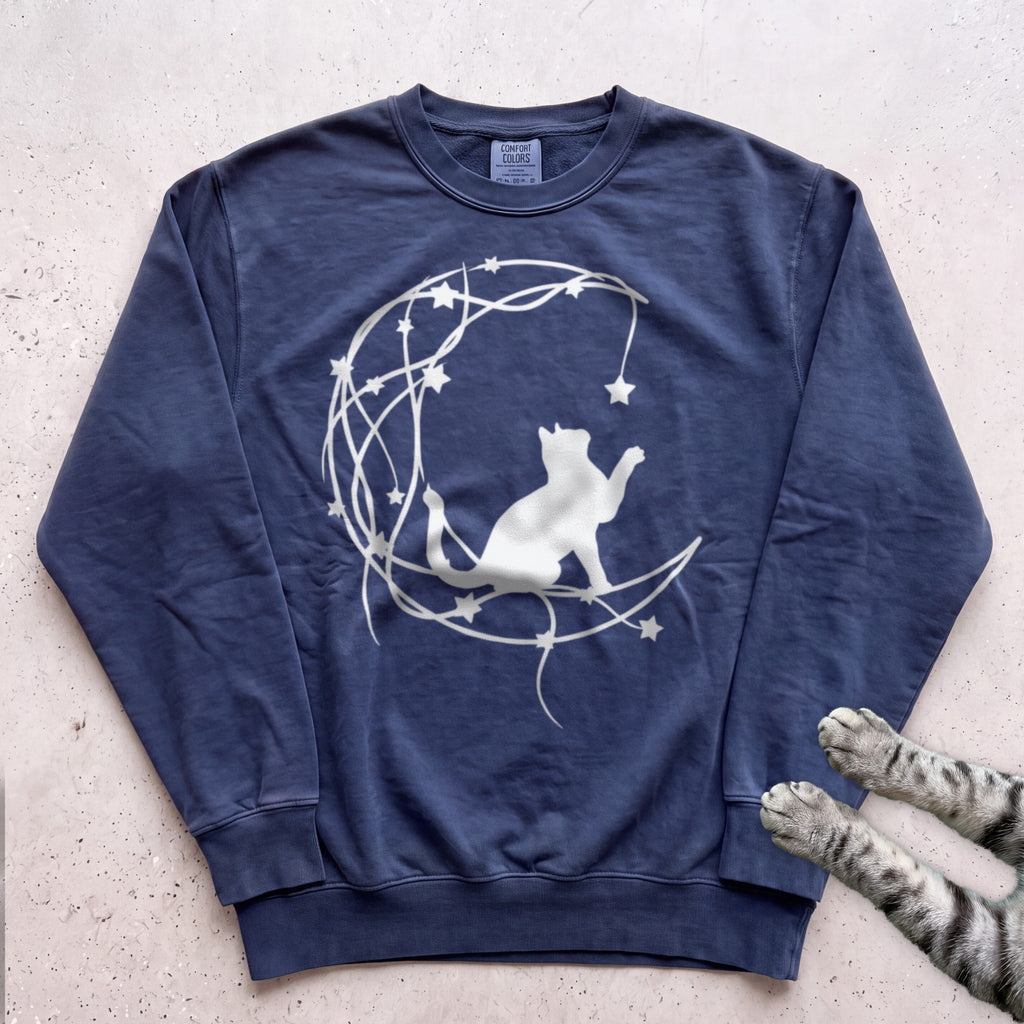 Starry Line Art Moon Cat Sweatshirt - True Navy
