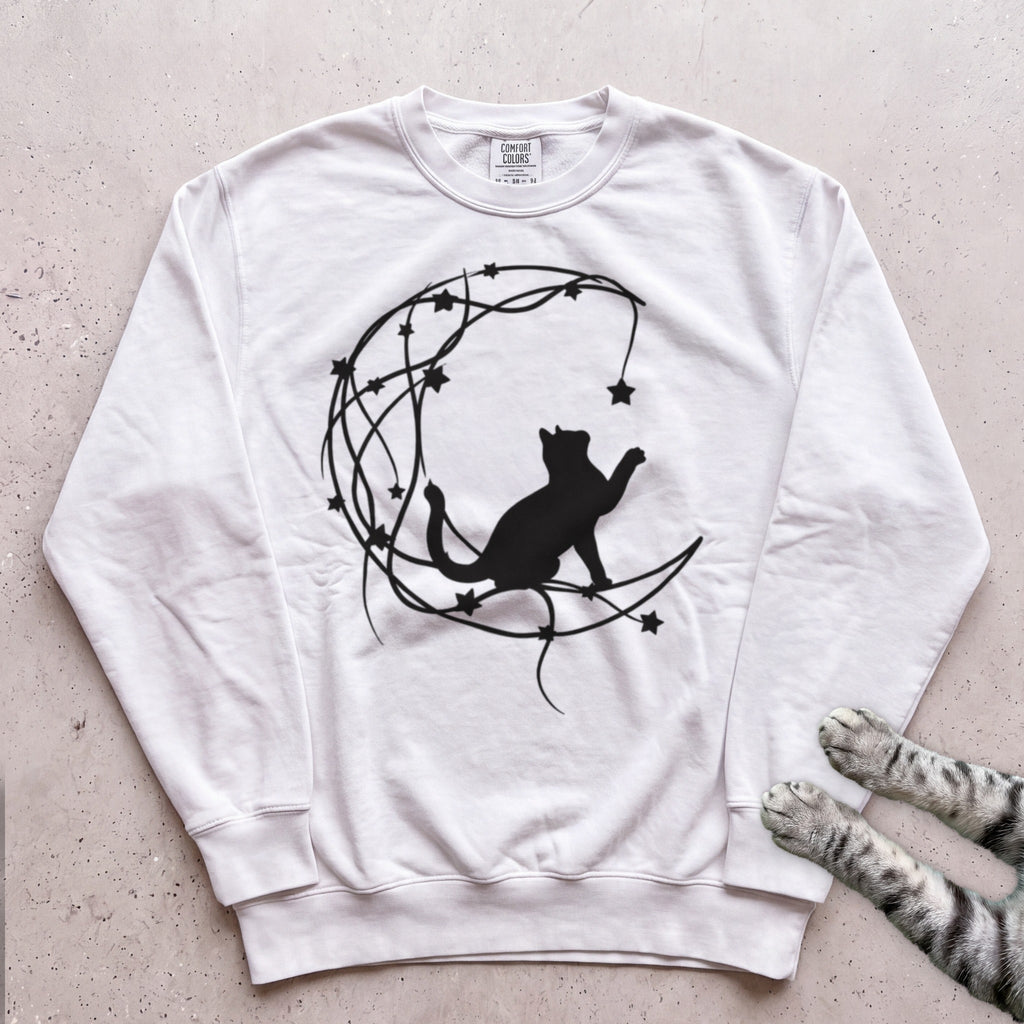 Starry Line Art Moon Cat Sweatshirt - White