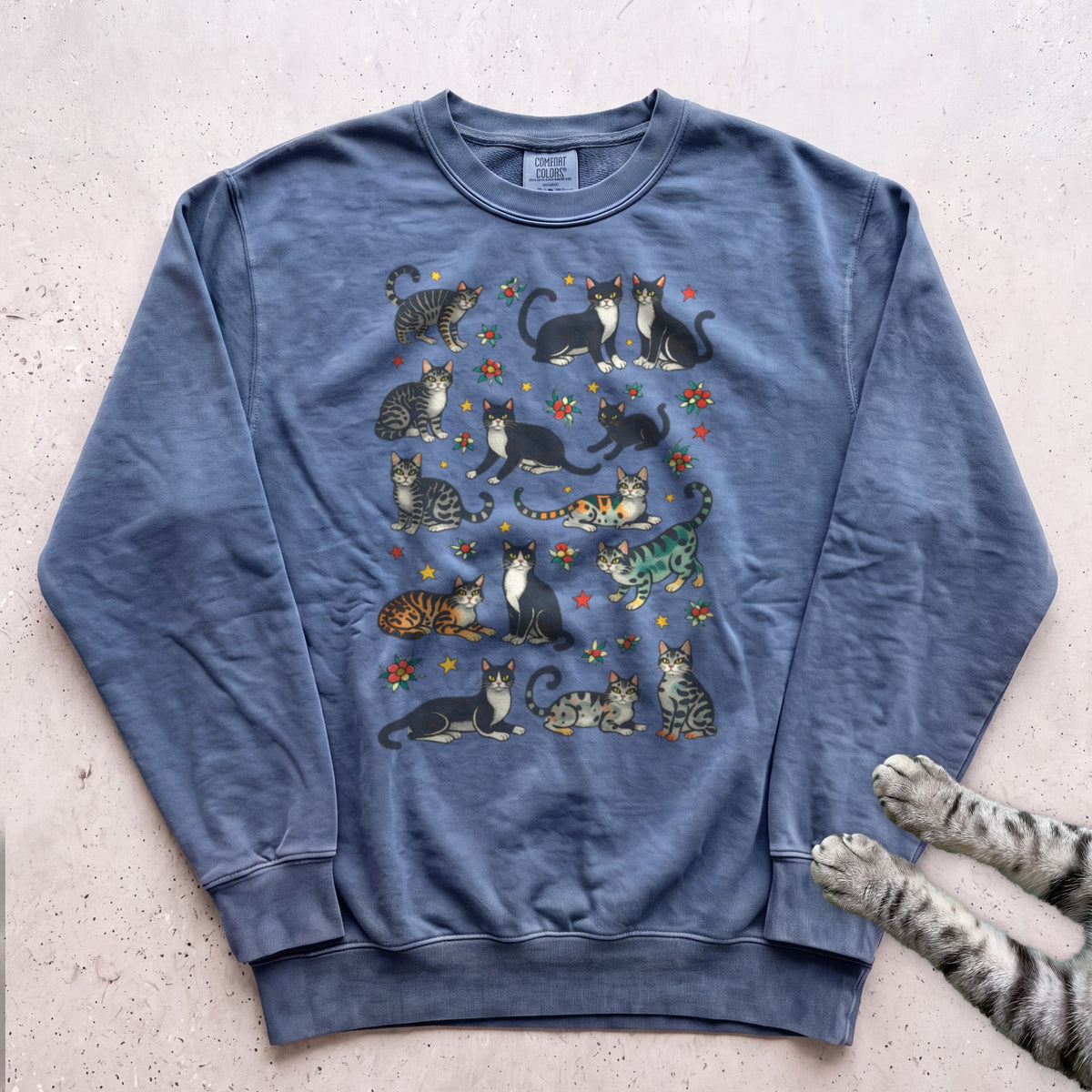 Cat Pattern Sweatshirt - Blue Jean