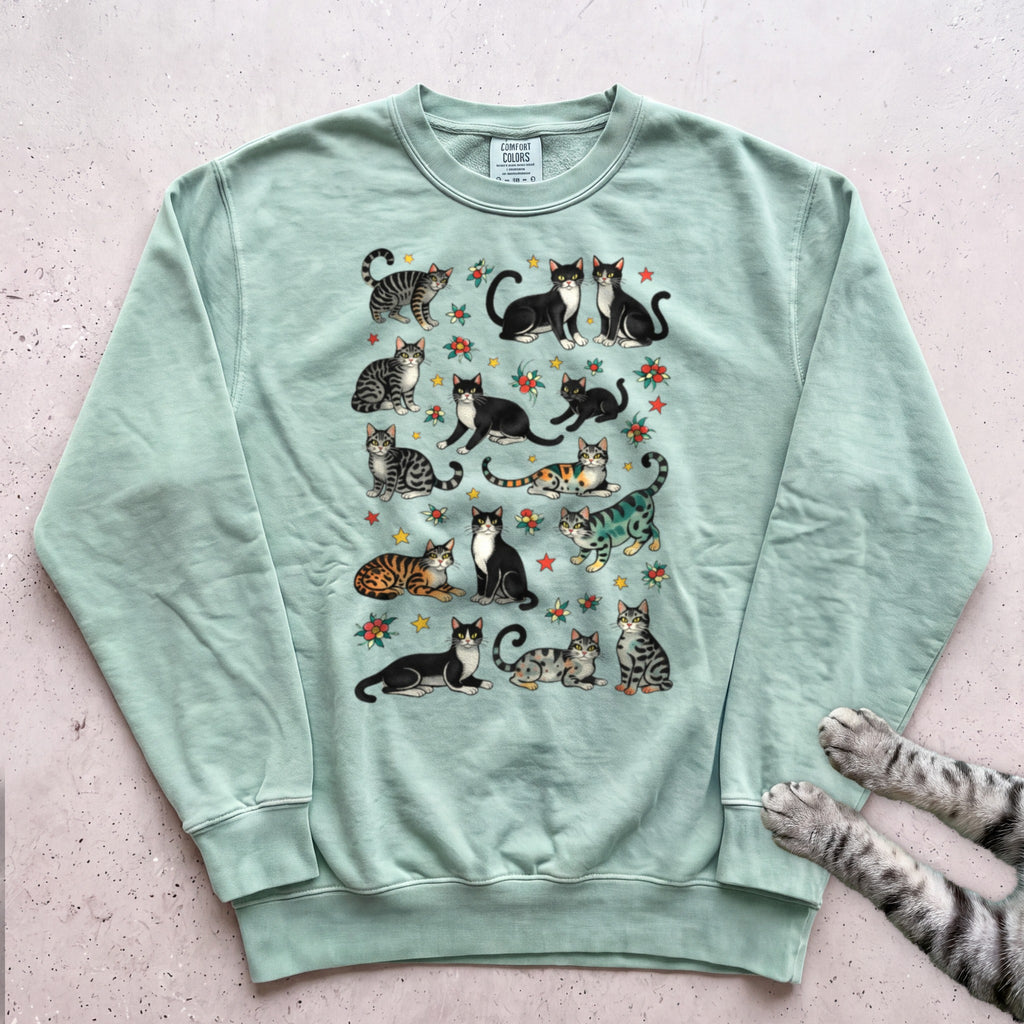 Cat Pattern Sweatshirt - Light Green