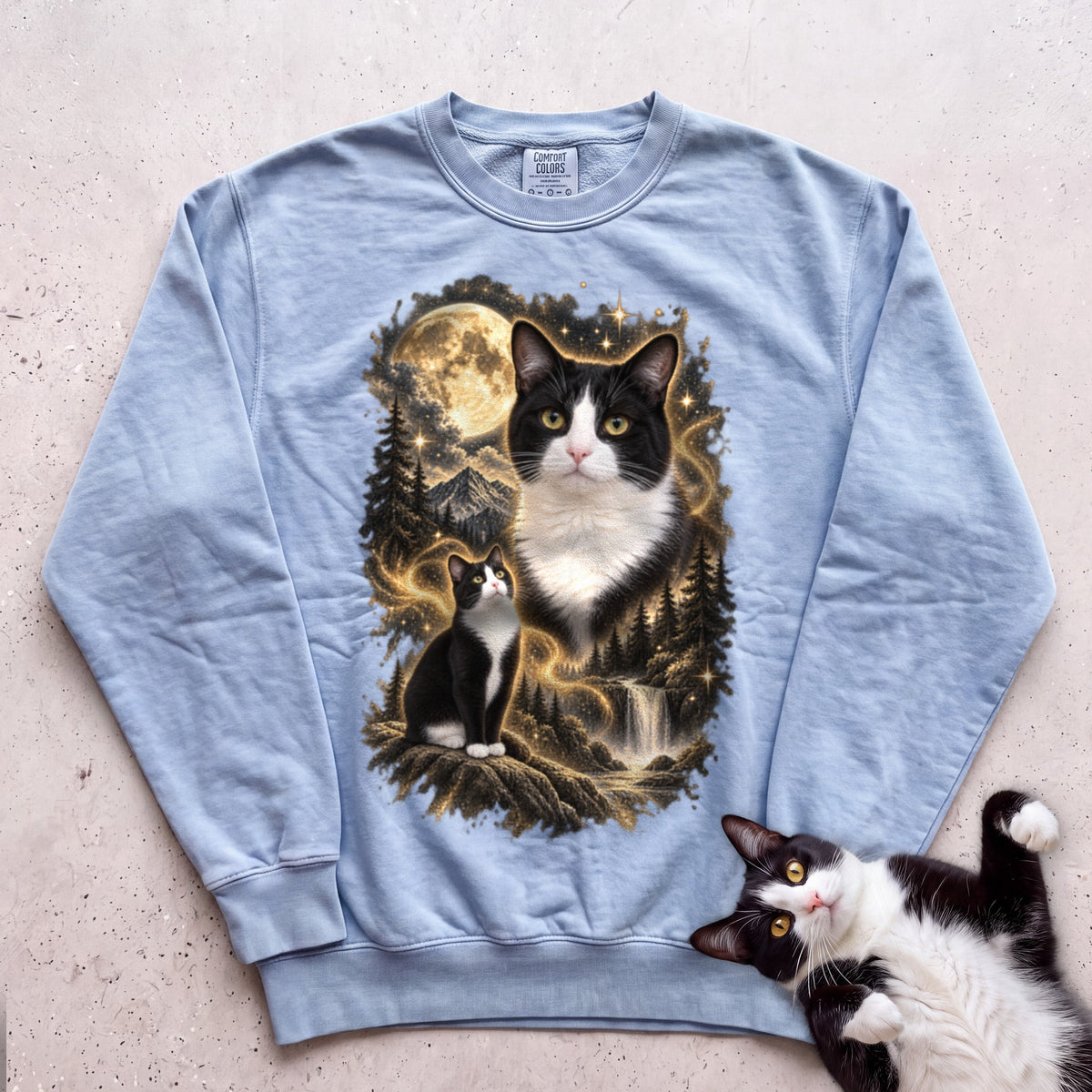 Cat Personalized Moon Sweatshirt —Custom Cat with Full Moon Graphic - Chambray